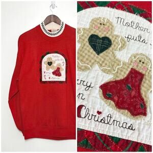 Vintage 90s Red Christmas Sweatshirt Gingerbread Grannycore Folk Art Appliqué  L